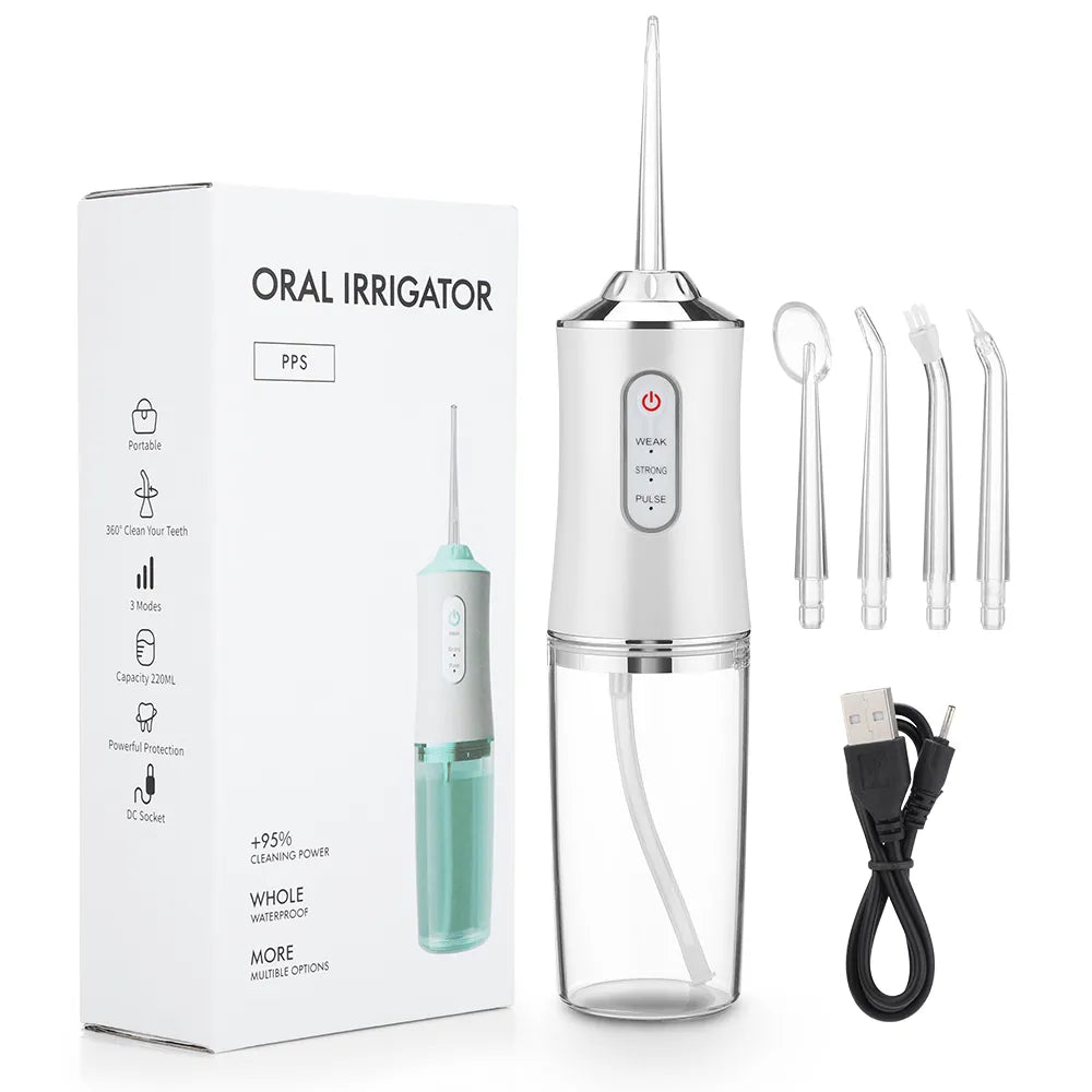 Oral Irrigator Portable Dental Water Flosser USB Rechargeable Water Jet Floss Tooth Pick 4 Jet Tip 220ml 3 Modes IPX7 1400rpm - Blount ExpressOral Irrigator Portable Dental Water Flosser USB Rechargeable Water Jet Floss Tooth Pick 4 Jet Tip 220ml 3 Modes IPX7 1400rpmDental HealthOral Irrigator Portable Dental Water Flosser USB Rechargeable Water Jet Floss Tooth Pick 4 Jet Tip 220ml 3 Modes IPX7 1400rpm14:29#White