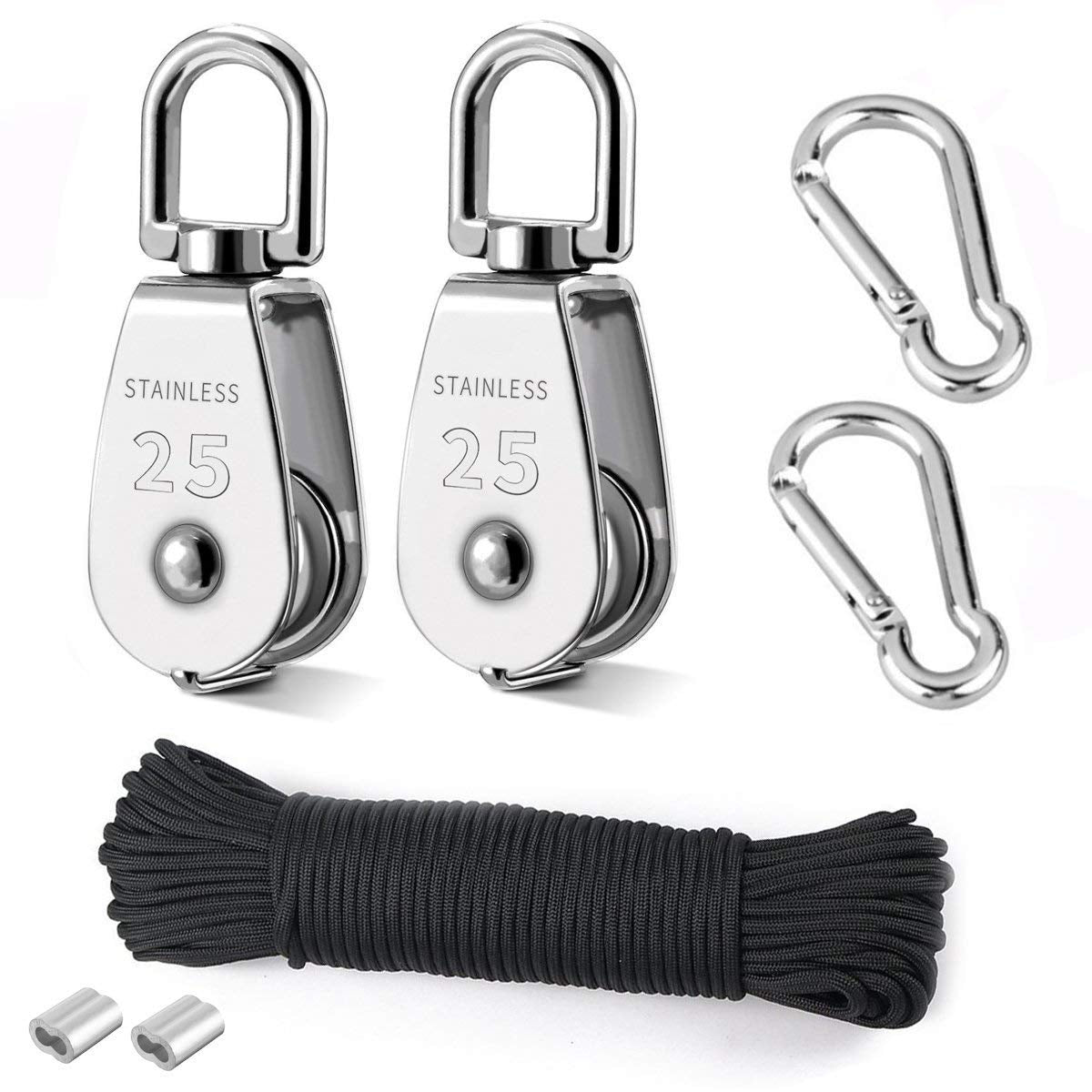 Tootaci 25MM Pulley System with Rope and Hooks, 304 Stainless Steel M25 Pulley Block Set,Inlclude 2Pcs M25 Single Pulley Wheel,66Ft Nylon Pulley Rope & Carabiner, for Indoor Outdoor Lifting Project - Blount ExpressTootaci 25MM Pulley System with Rope and Hooks, 304 Stainless Steel M25 Pulley Block Set,Inlclude 2Pcs M25 Single Pulley Wheel,66Ft Nylon Pulley Rope & Carabiner, for Indoor Outdoor Lifting ProjectTootaci 25MM Pulley System with Rope and Hooks, 304 Stainless Steel M25 Pulley Block Set,